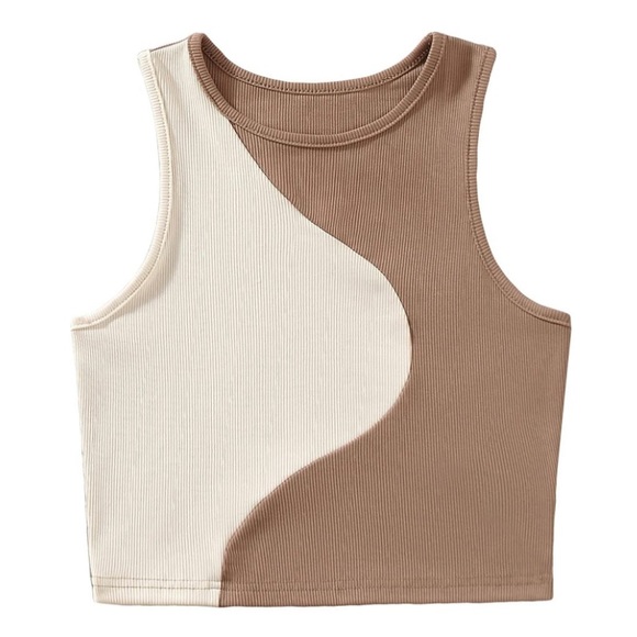 Mocha Coffee & Cream 2 Tone Color Block Rib Knit Crop Top - Picture 5 of 5